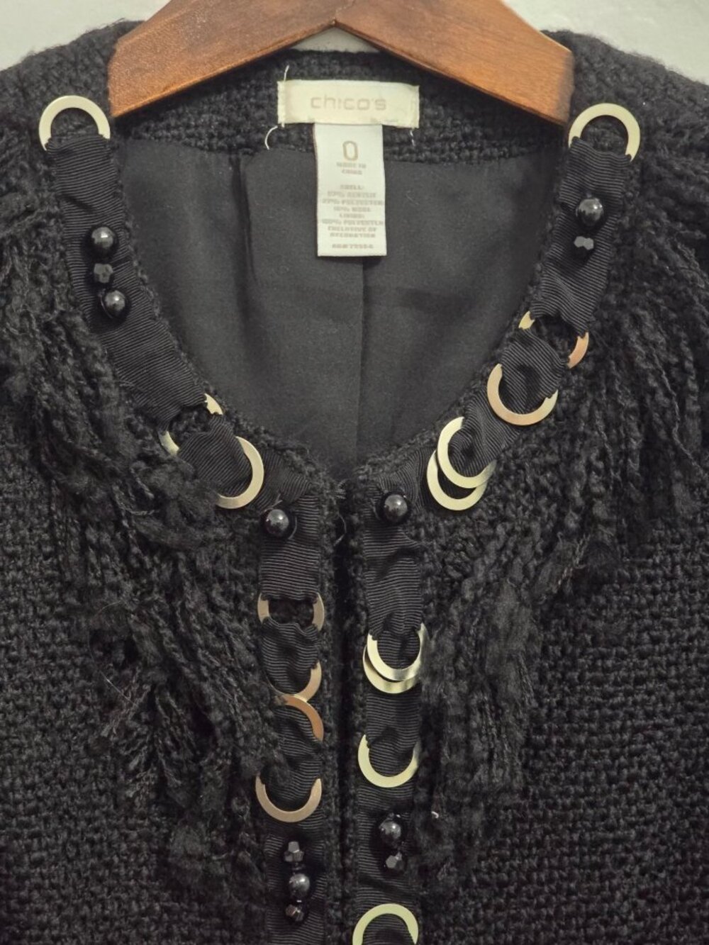 Chicos Size 0 Black Textured Prena Jacket With Beaded & Metal Ring - Picture 4 of 12